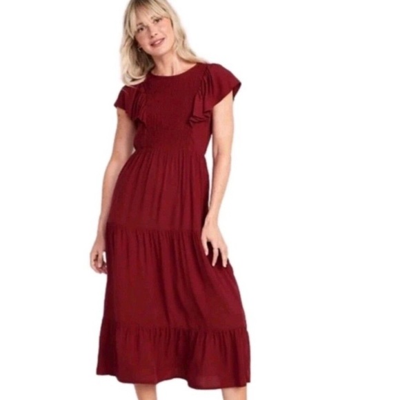Old Navy Burgundy Tiered MIDI Dress 4X Romantic Fall - Picture 1 of 8